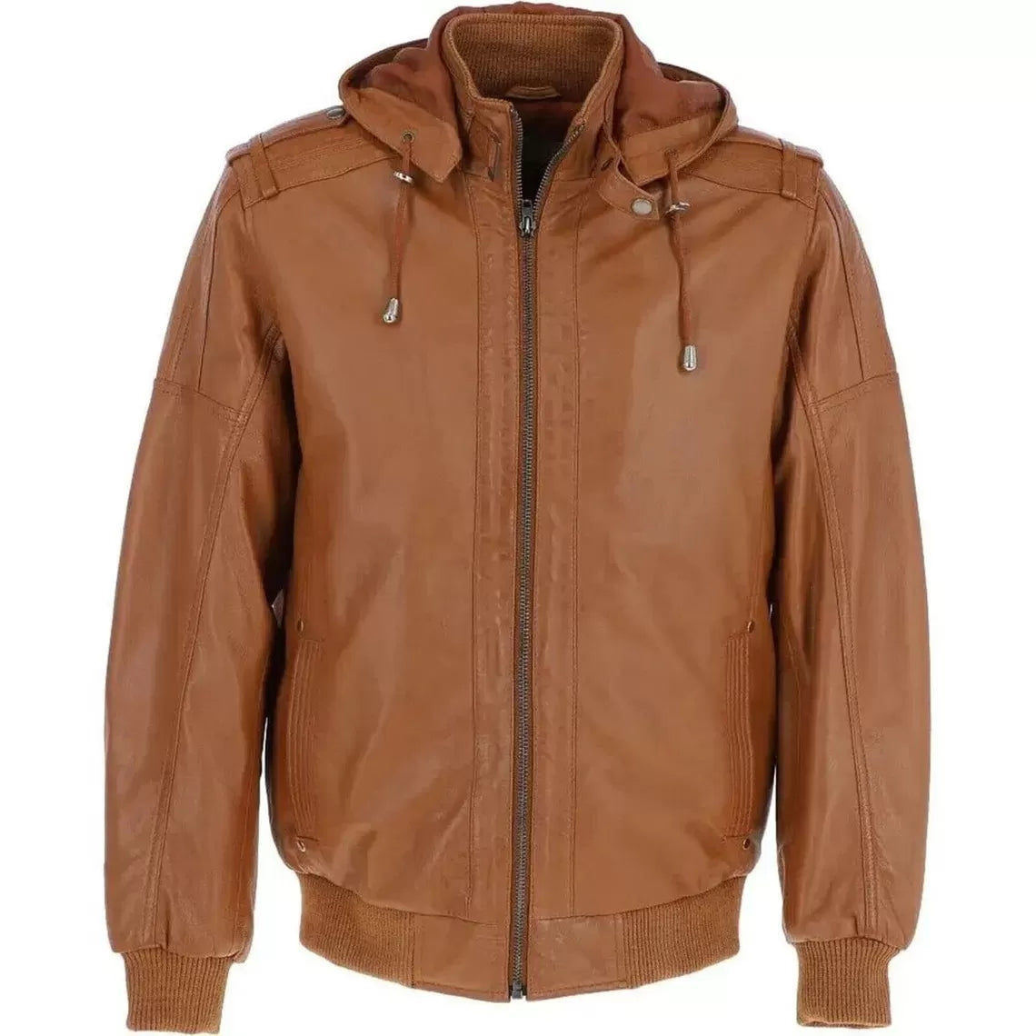 Men’s Biker Bomber Style Tan Real Sheepskin Leather Hoodie Motorcycle Jacket with Hood