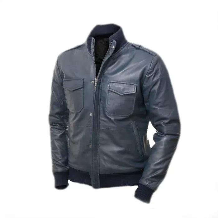 Men Blue Bomber Leather Jacket