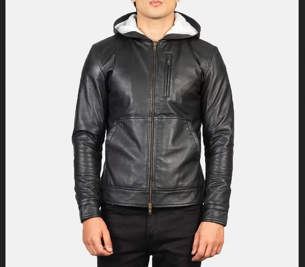 Men’s Black Leather Hooded Bomber Jacket Baston Handmade Sheepskin Leather Hooded Bomber Jacket for Men