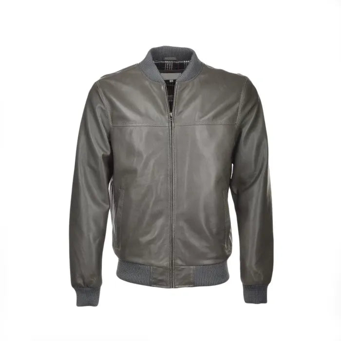 Grey Leather Bomber Jacket