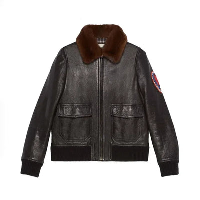 Men’s Shearling Leather Bomber Jacket with Embroidery