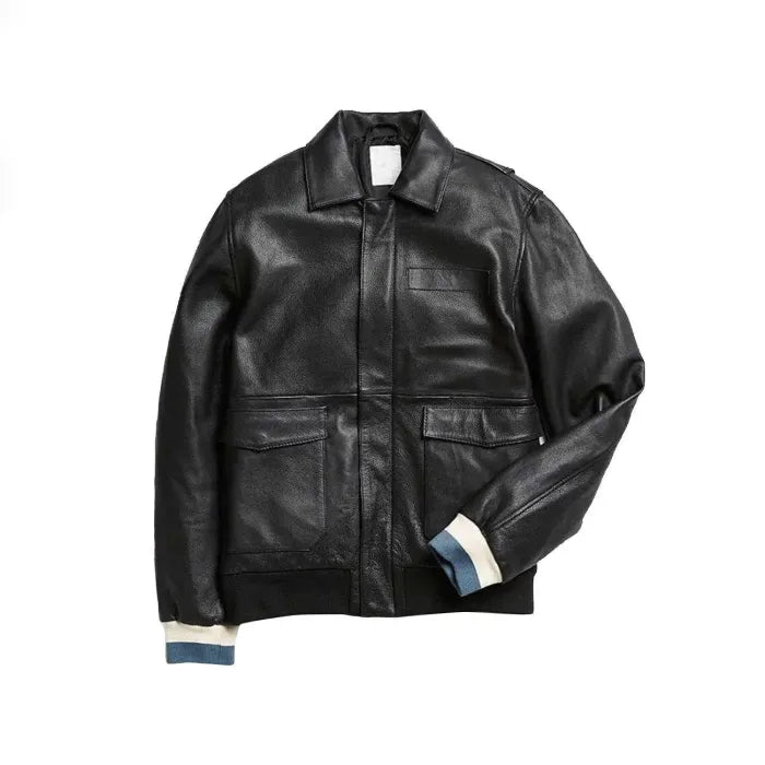 Black Shirt Style Leather Bomber Jacket