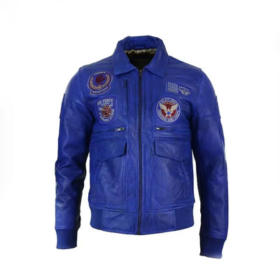 Men’s Real Leather Blue Bomber Badge Air Force Pilot Flying Jacket