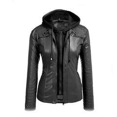 Womens Plus Size Faux Leather Moto Biker Zip Up Hoodie Jacket