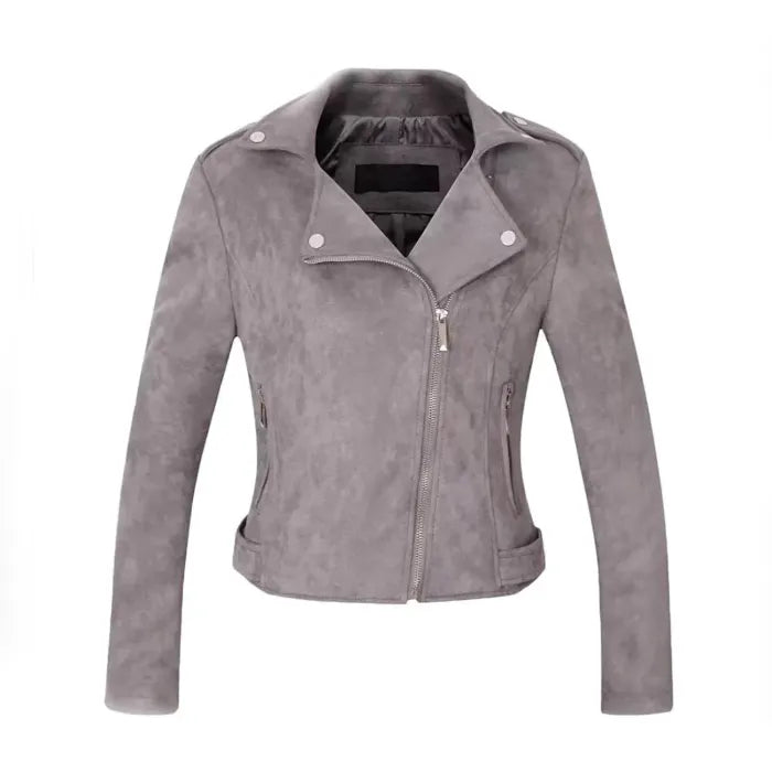 Womens Stylish Notched Collar Oblique Zip Leather Bomber Jacket
