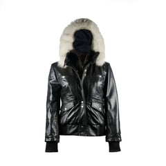 Arctic Freeze Black Bomber Womens Leather Jacket with Hoodie