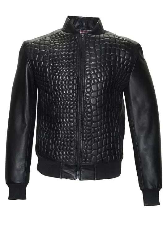 Men Crocodile Quilted Leather Bomber Jacket
