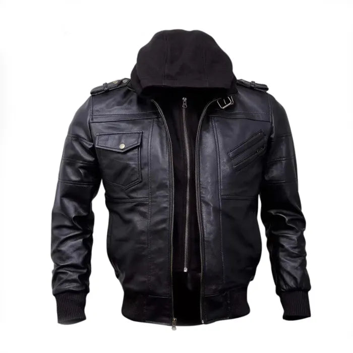 Men’s Genuine Black Hooded Bomber Leather Jacket