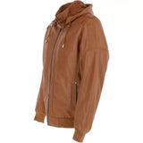 Men’s Biker Bomber Style Tan Real Sheepskin Leather Hoodie Motorcycle Jacket with Hood