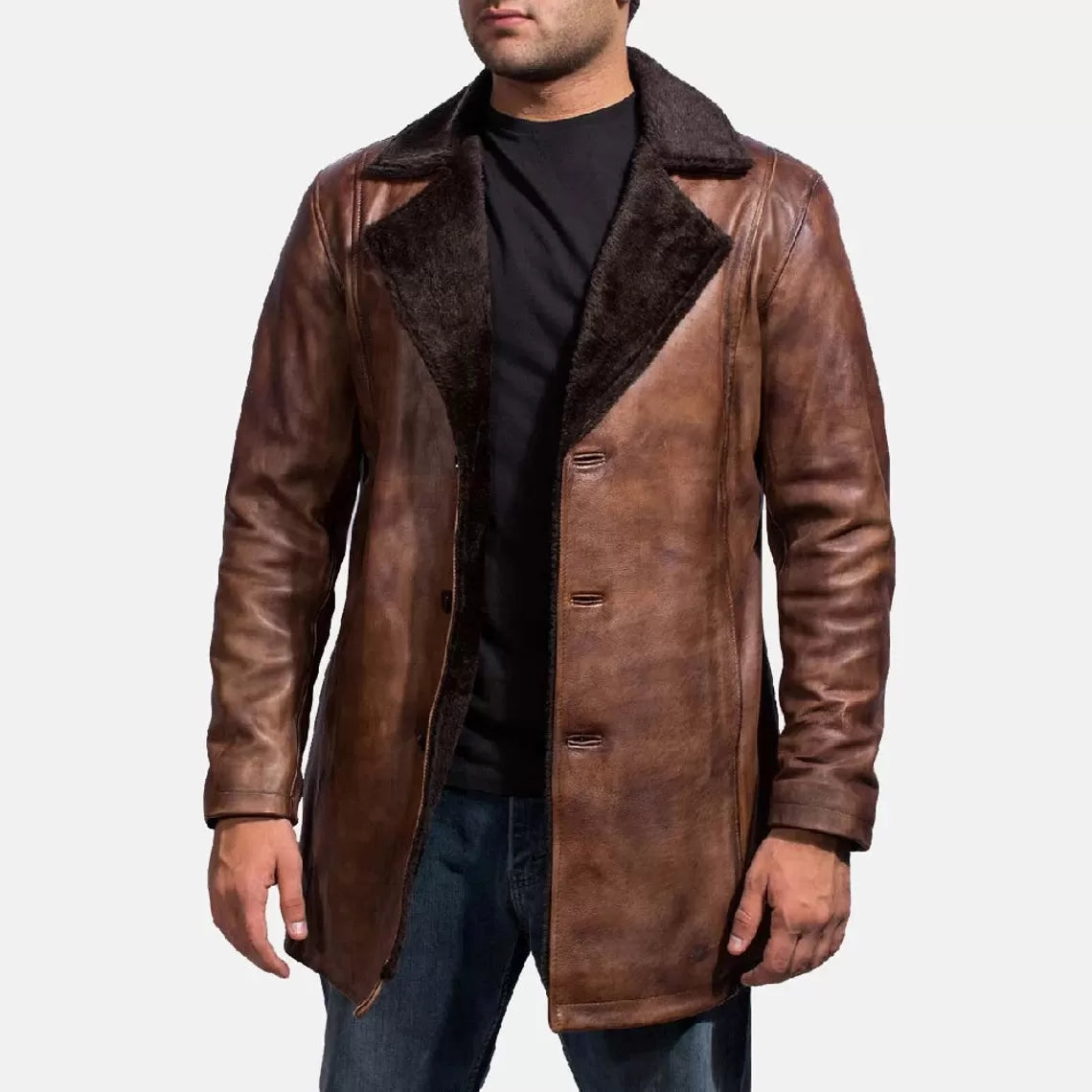 Cinnamon Distressed Sheepskin Leather Faux Fur Coat
