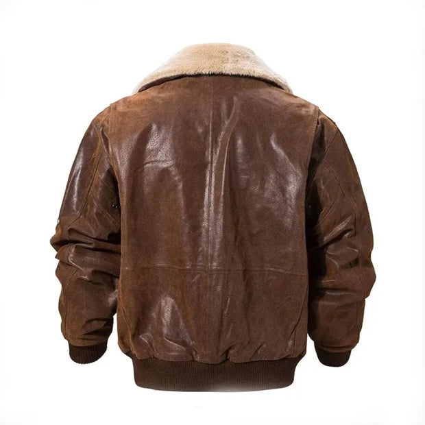 Real Leather Bomber Jacket with Removable Fur Collar Aviator
