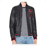 Black Embroidery Leather Bomber Jacket