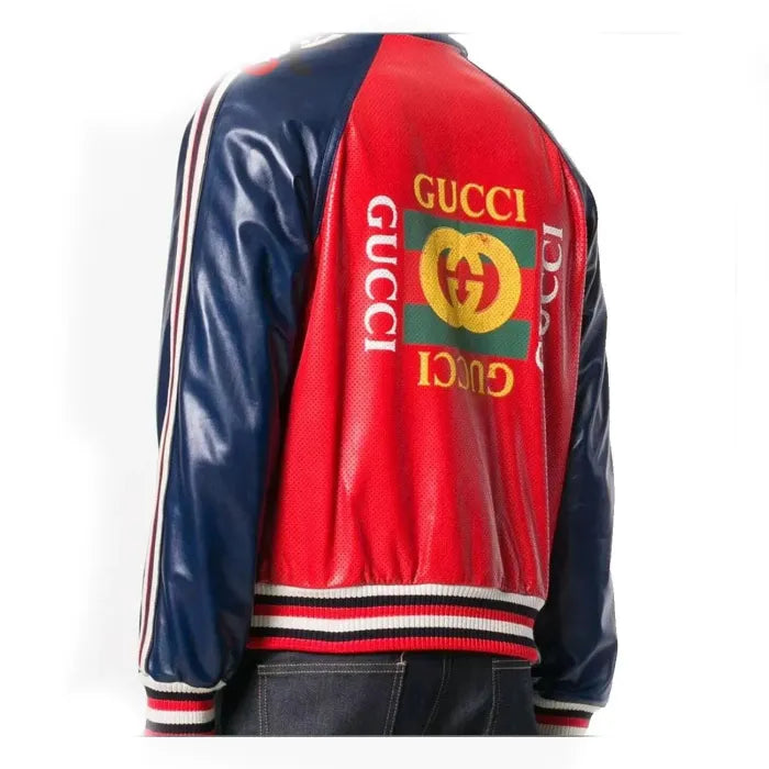 Womens Leather Bomber Jacket with Gucci Logo