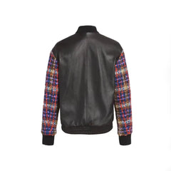 Wool Blend Tweed & Leather Bomber Jacket