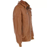 Men’s Biker Bomber Style Tan Real Sheepskin Leather Hoodie Motorcycle Jacket with Hood