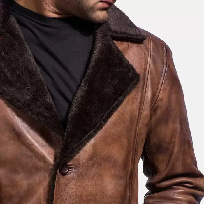Cinnamon Distressed Sheepskin Leather Faux Fur Coat