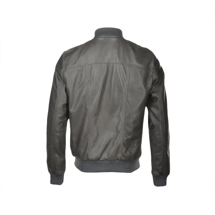 Grey Leather Bomber Jacket