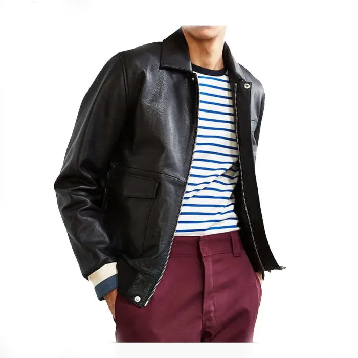 Black Shirt Style Leather Bomber Jacket