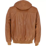 Men’s Biker Bomber Style Tan Real Sheepskin Leather Hoodie Motorcycle Jacket with Hood