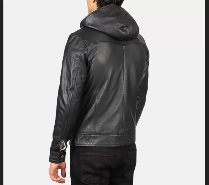 Men’s Black Leather Hooded Bomber Jacket Baston Handmade Sheepskin Leather Hooded Bomber Jacket for Men
