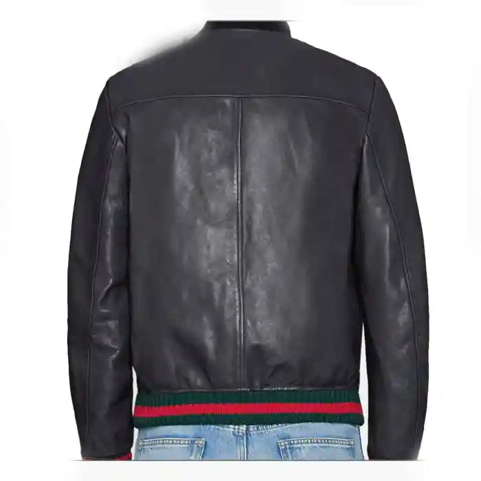 Black Embroidery Leather Bomber Jacket