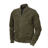 Men Olive Suede Bomber Jacket