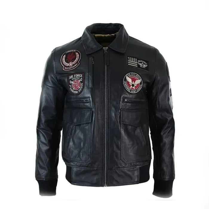 Black Men’s Real Leather Bomber Badge Air Force Pilot Flying Jacket