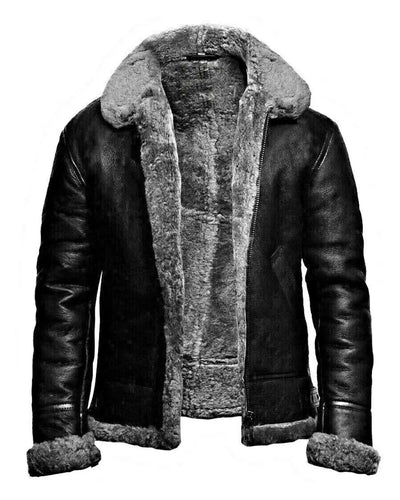 Men’s RAF B3 Aviator Real Leather Sheep Skin Bomber Jacket Coat Black & Grey