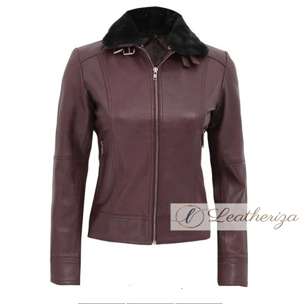 Antique Ruby Burgundy Shearling Women's Leather Jacket