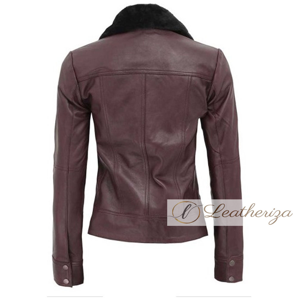 Antique Ruby Burgundy Shearling Women's Leather Jacket