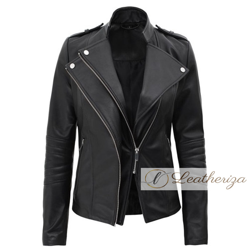 Racer Girl Spikes & Stud Black Leather Jacket For Women