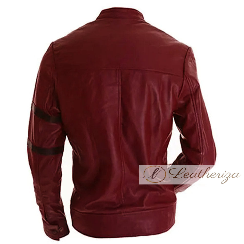 Button down- Men's Dark Red Maroon Leather jacket
