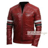 Men's Burgundy Racer Leather Jacket with strips