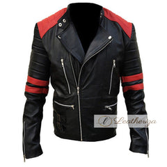 Men's Black Biker Jacket with Red Strips