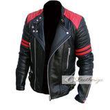 Men's Black Biker Jacket with Red Strips