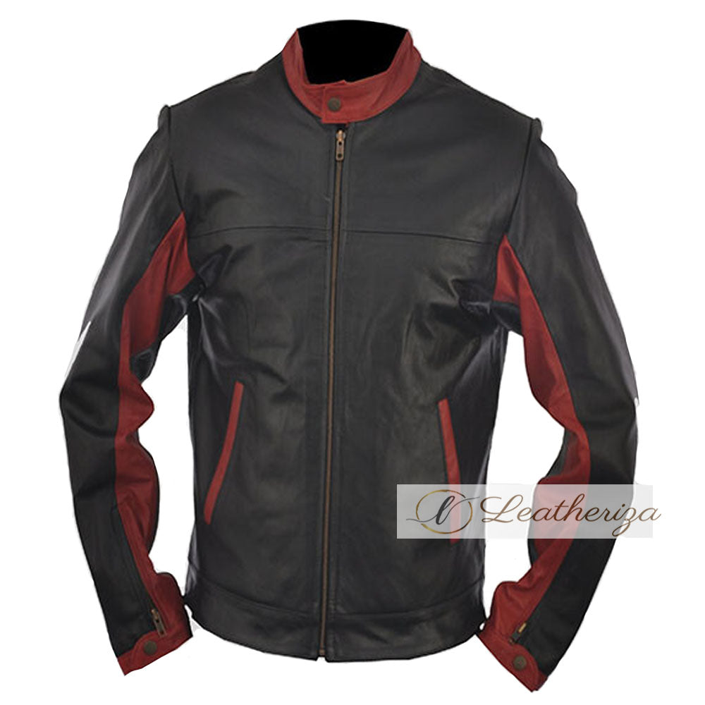 Black & Red Biker Leather jacket for Men