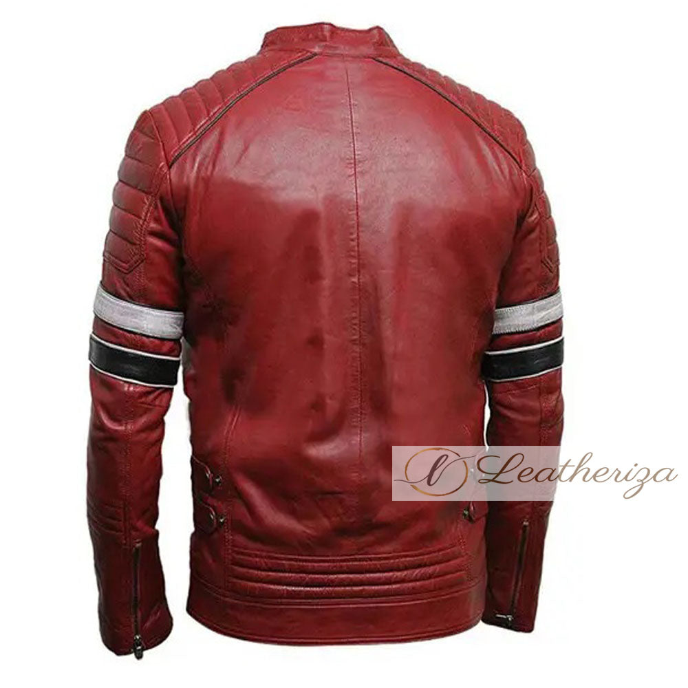 Men's Burgundy Racer Leather Jacket with strips
