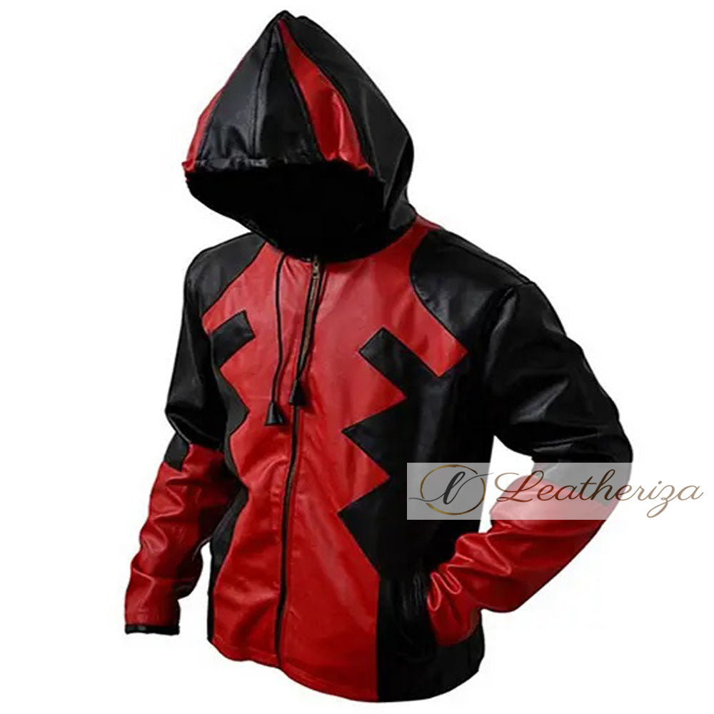 Men Red & Black Hoodie Style Leather Jacket
