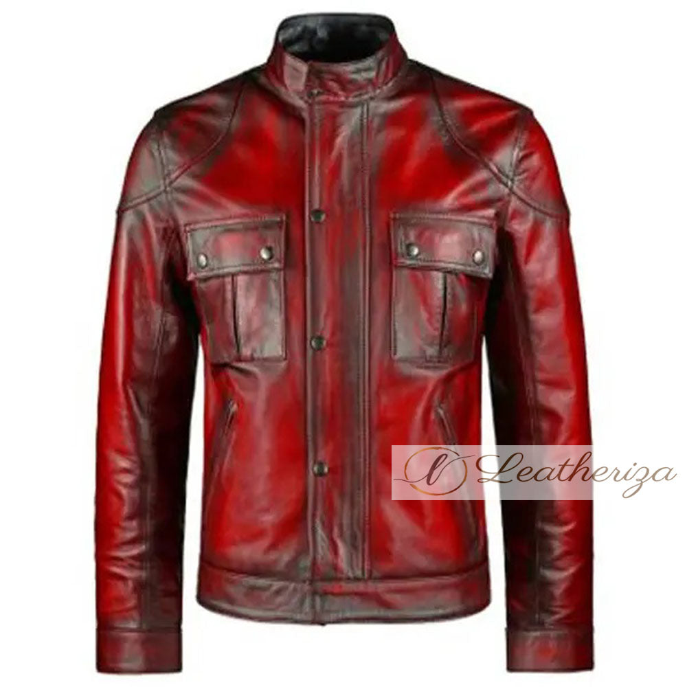 Men's Red Biker Vintage Double Pocket Leather Jacket