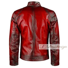 Men's Red Biker Vintage Double Pocket Leather Jacket