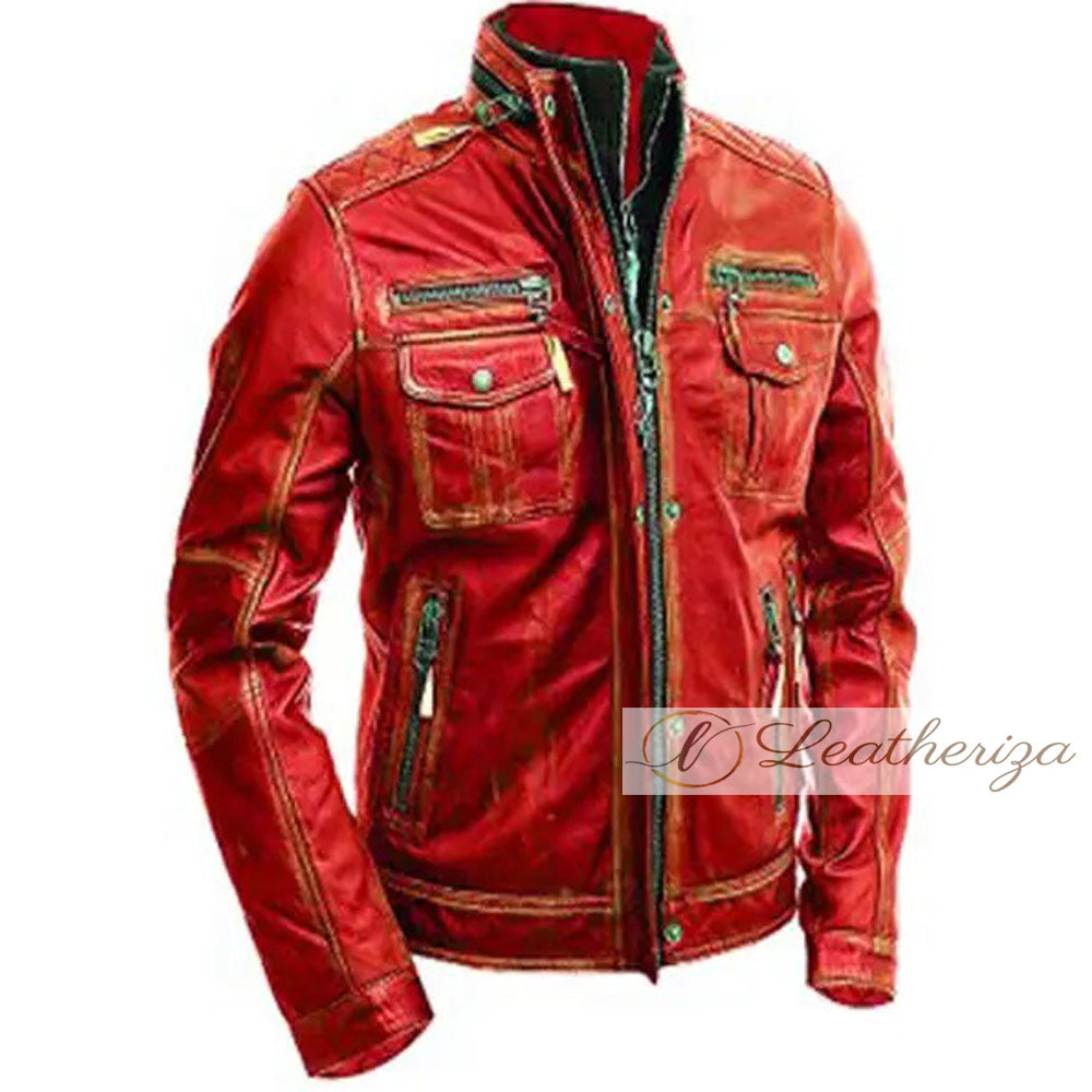 Men's Red Biker Distressed Vintage Leather Jacket