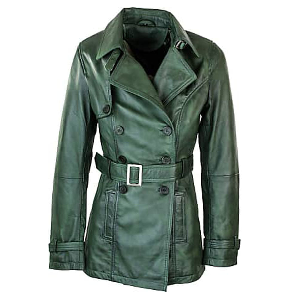 Olive Green Women's Leather Coat