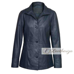 Elegant Navy Blue Women's Leather Coat