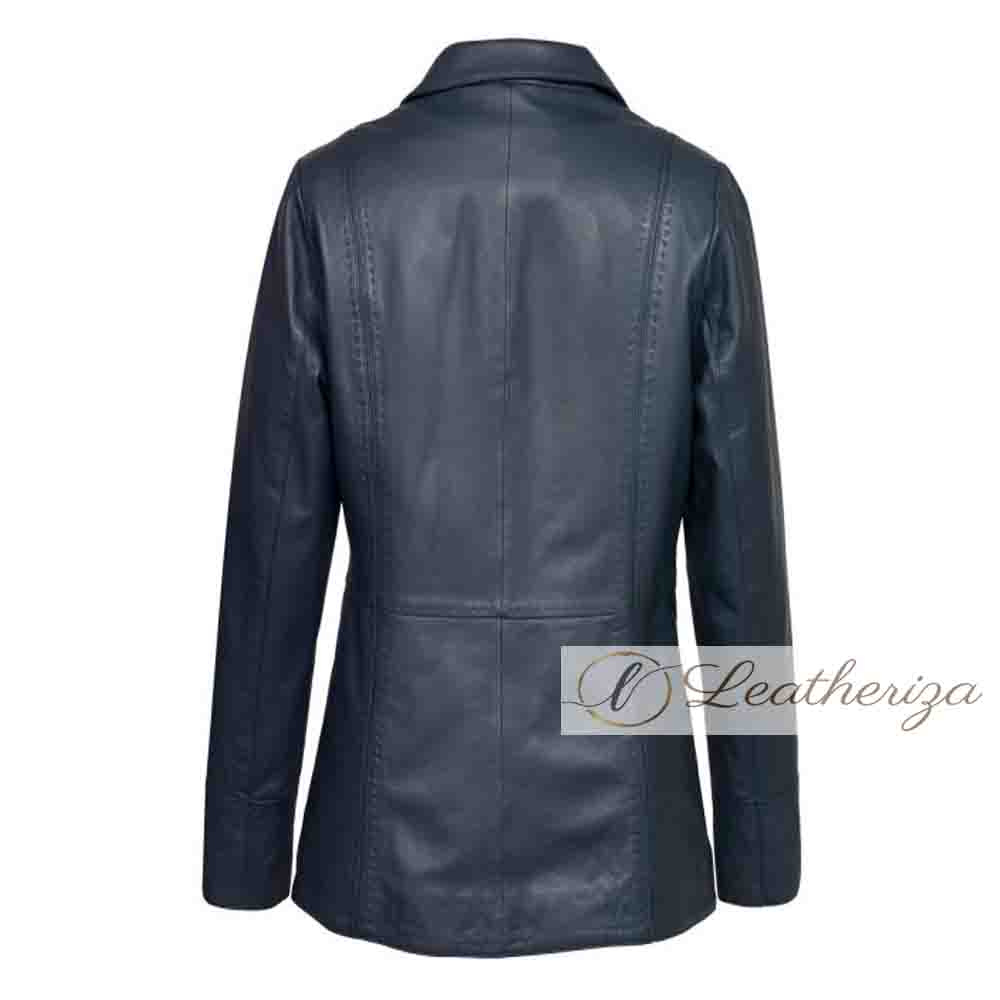 Elegant Navy Blue Women's Leather Coat