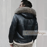 Black Fur Hooded Bomber Leather Jacket