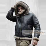 Black Fur Hooded Bomber Leather Jacket