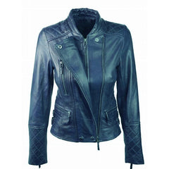 Women's Elegant Vintage Blue Leather Jacket
