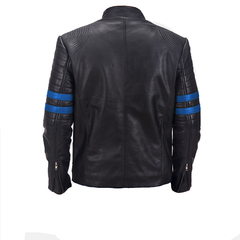 Men's Black Vintage Leather Jacket with Blue Strips