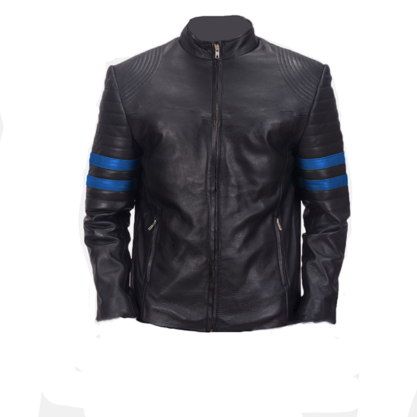 Men's Black Vintage Leather Jacket with Blue Strips