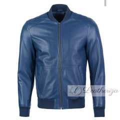Sapphire Blue Elegant Bomber Leather Jacket For Men